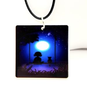 Mightnight Moon Star Gazing Girl And Cat On Swing Over The Water Art Necklace